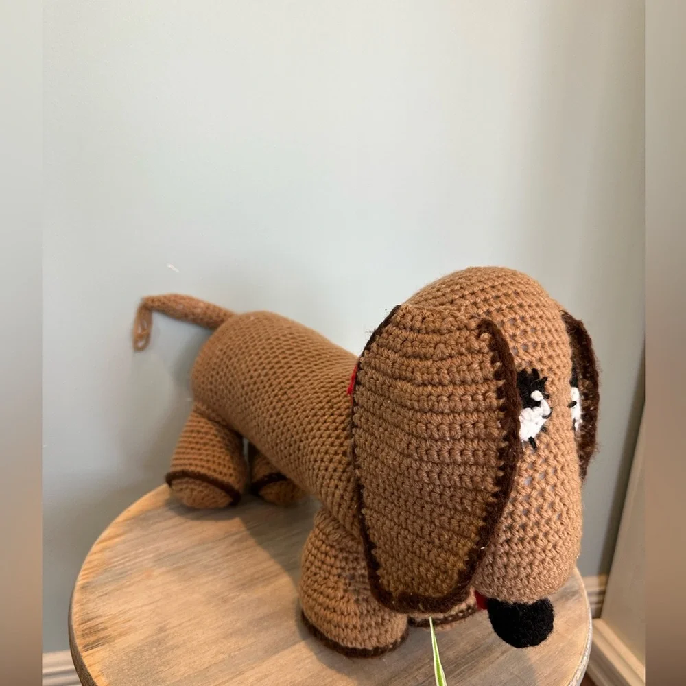Handmade dachshund Holiday brown and black weenie dog with red collar crochet